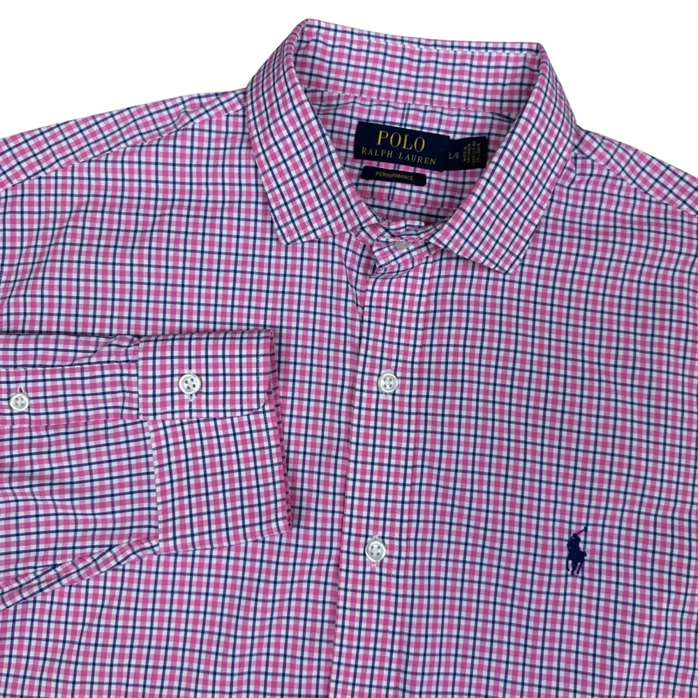 Polo Ralph Lauren Performance Shirt Mens Large Pink Blue Gingham Button Down L/S